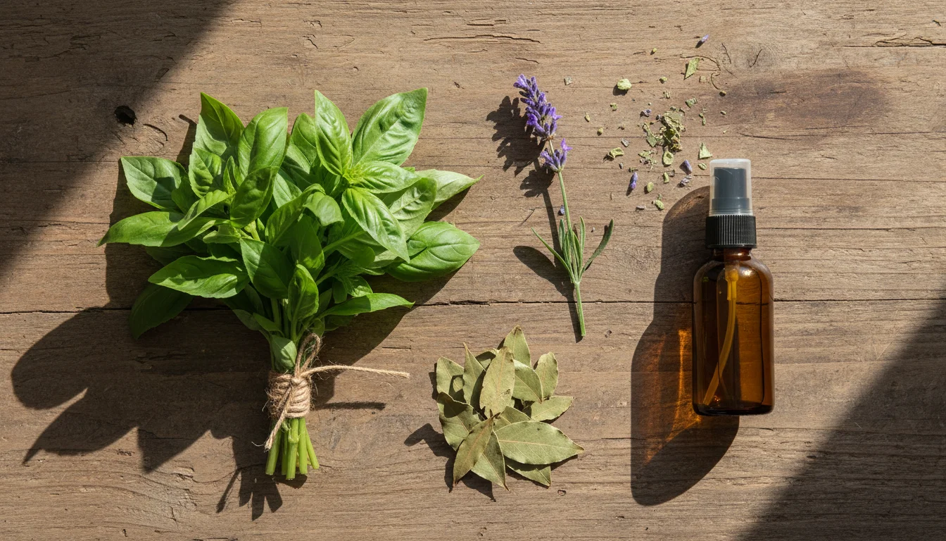Fresh basil, lavender, and bay leaves used as fly repellents