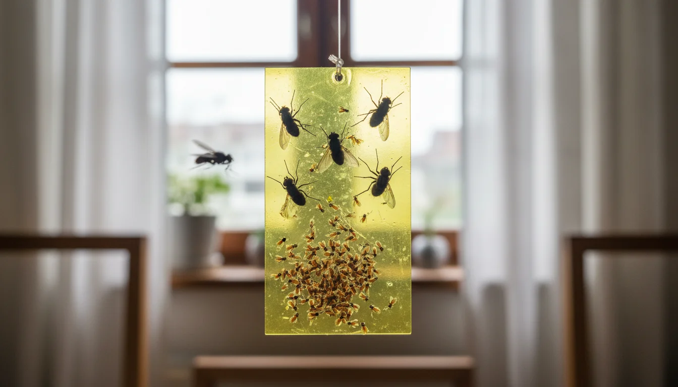 Yellow sticky trap with caught flies hanging near a window