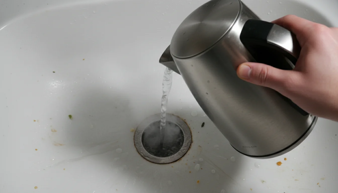 Boiling water being poured down a kitchen drain to kill fly larvae