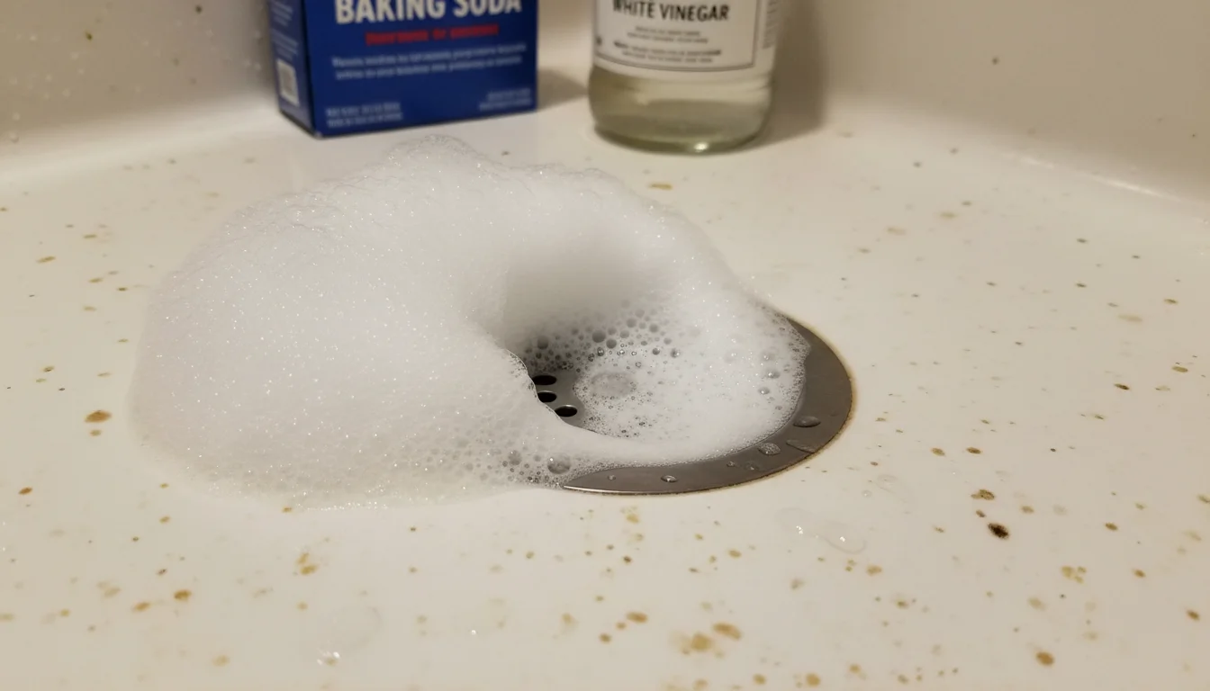 Baking soda and vinegar reaction foaming up through a kitchen drain cover