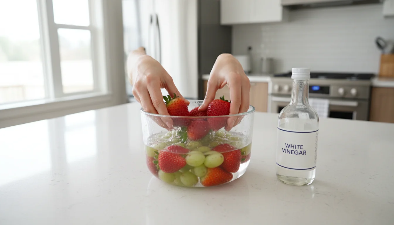Washing fresh produce in a vinegar and water solution to remove fruit fly eggs