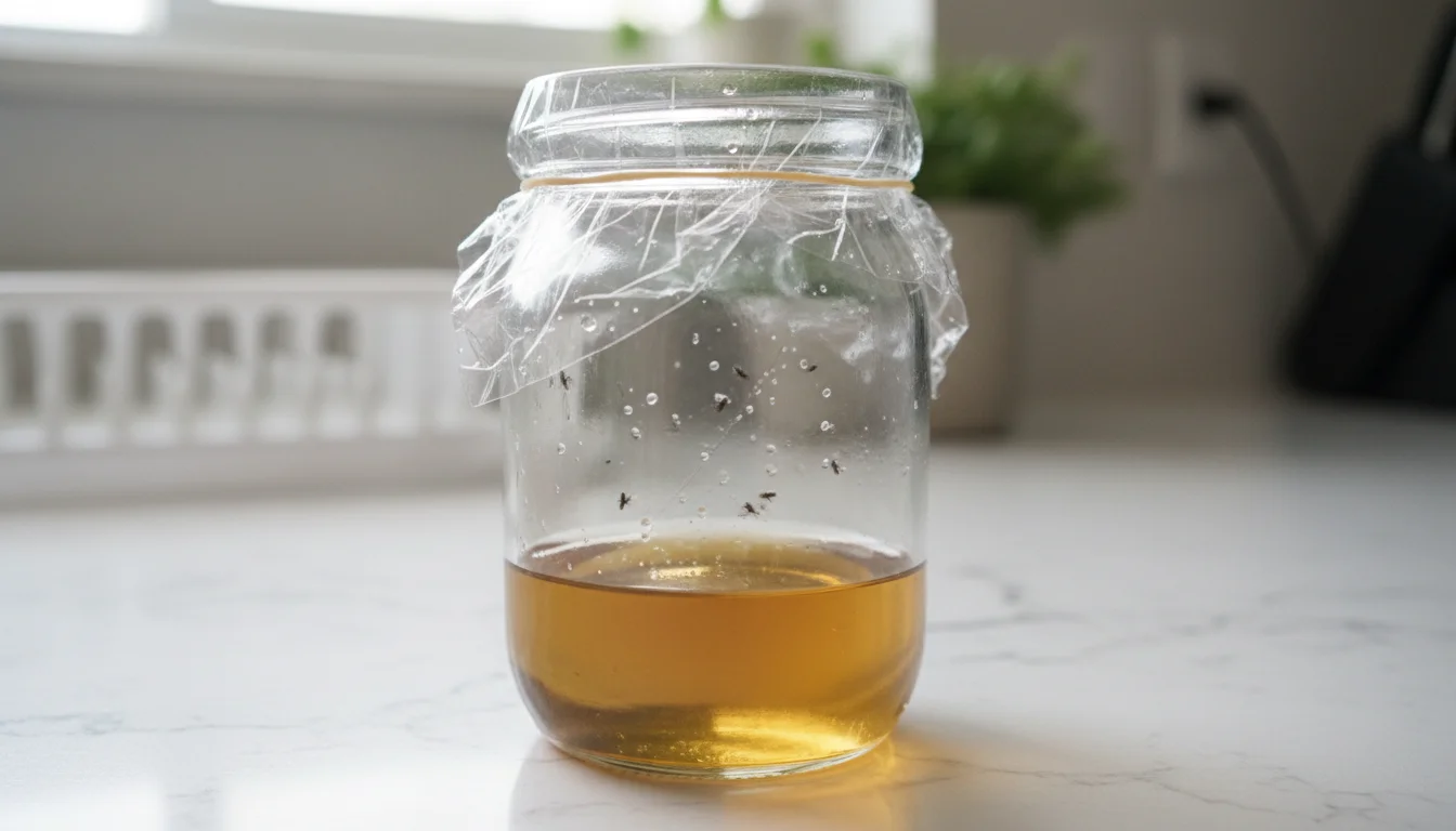 Mason jar fruit fly trap covered with plastic wrap with small holes poked through