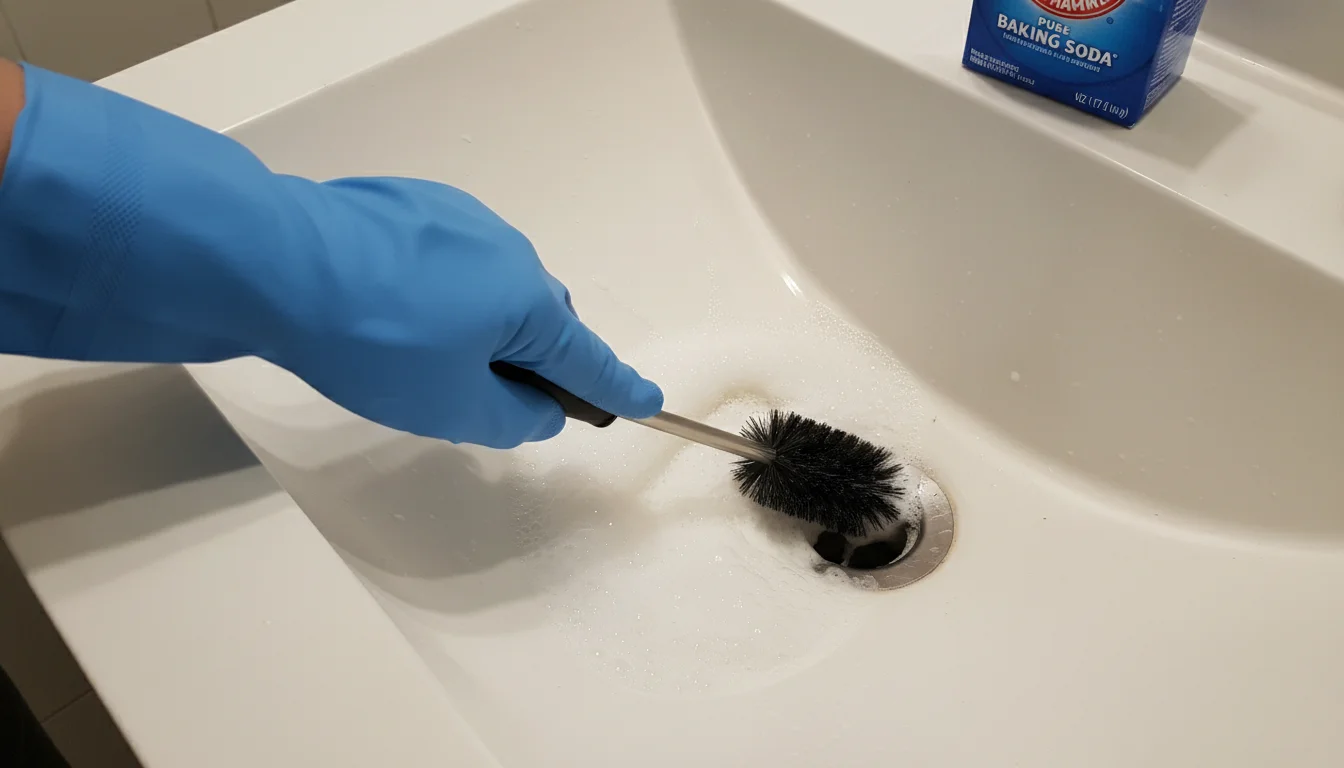 Drain brush being used to clean a bathroom sink drain to eliminate gnat breeding sites