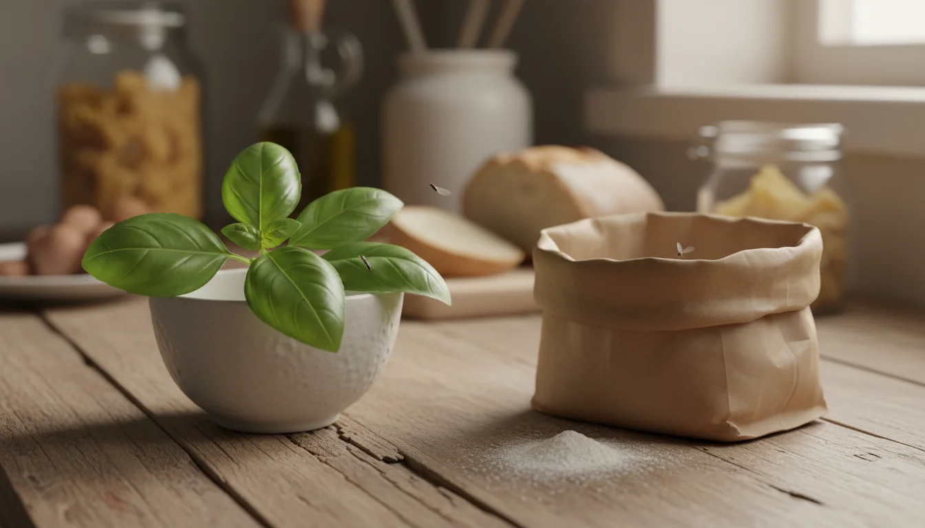 Fresh basil on a kitchen counter used as a natural gnat repellent near open food packaging