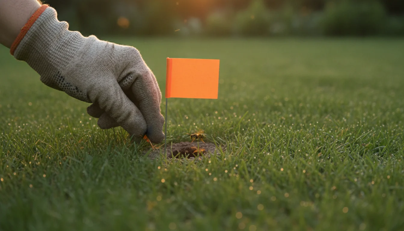 gloved hand marking a ground wasp nest entrance with a flag at dusk