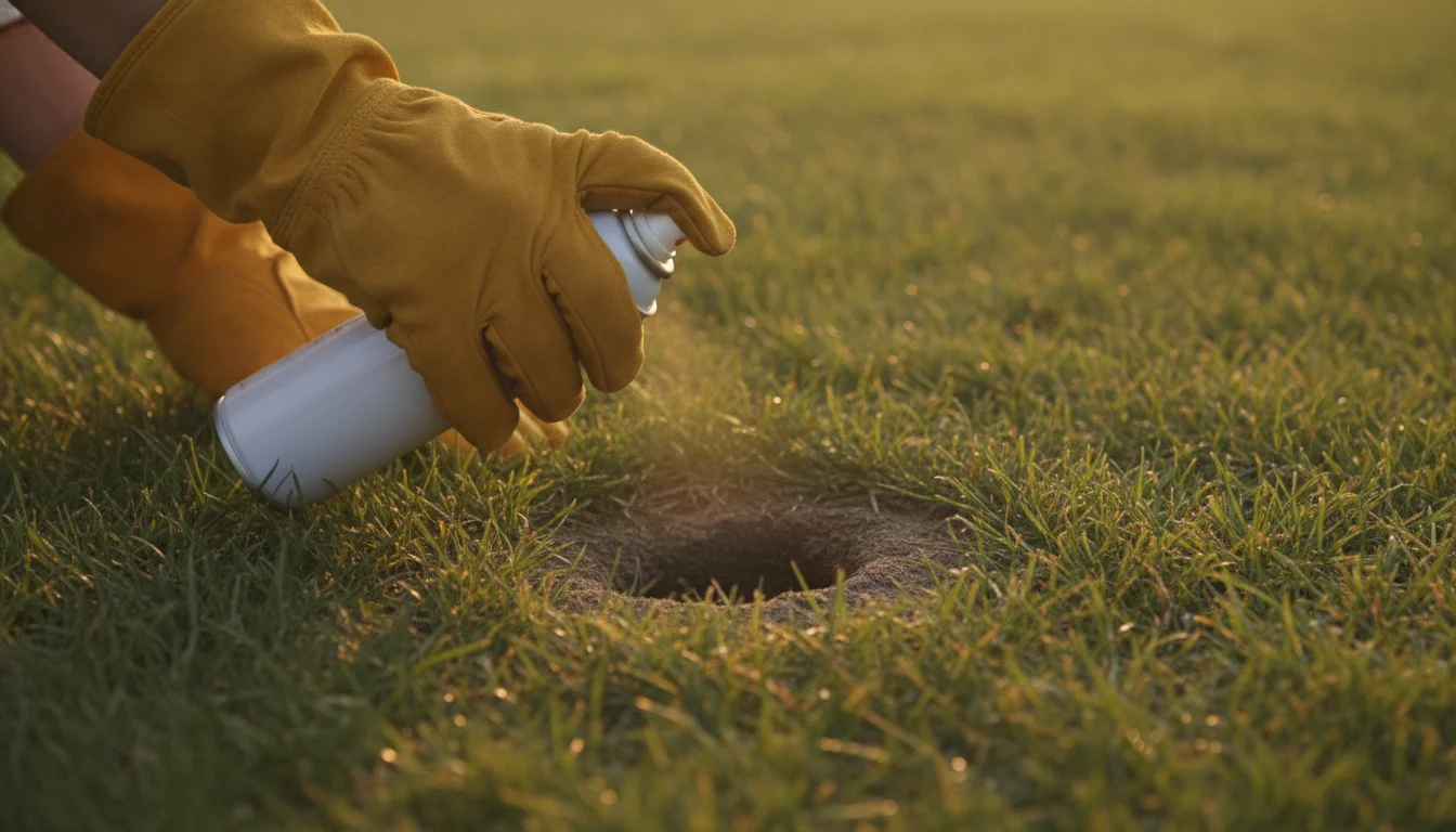 spraying aerosol wasp spray into a ground nest entrance from a distance