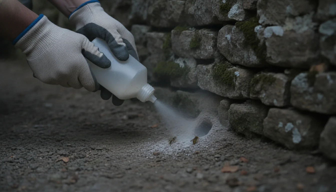 applying insecticide dust into a ground wasp nest with a squeeze duster