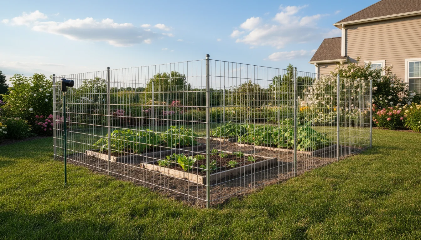Woven wire fencing with buried L-shaped base and motion-activated sprinkler protecting a garden from groundhogs