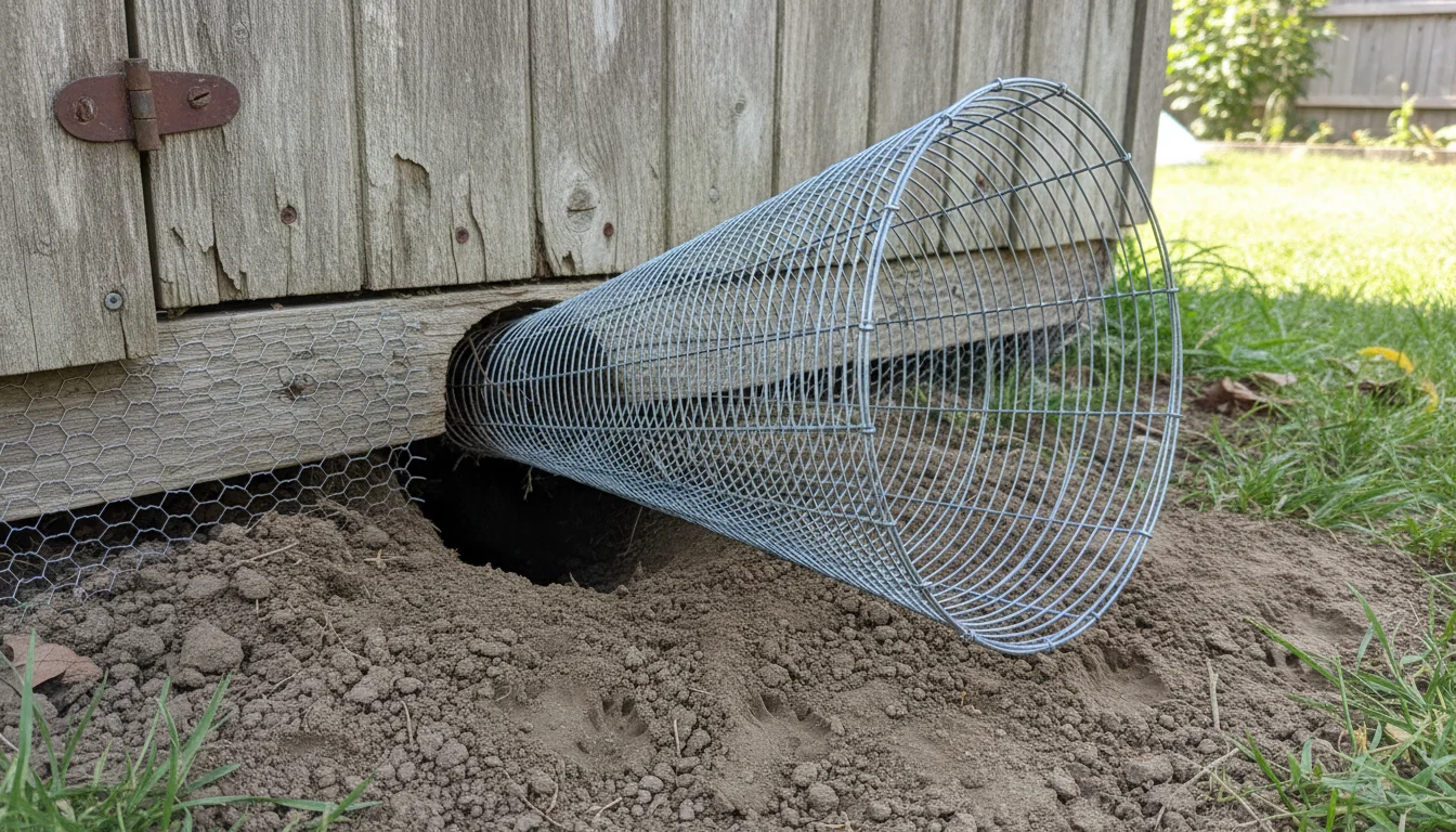 One-way exclusion door installed over a groundhog burrow entrance at a shed foundation