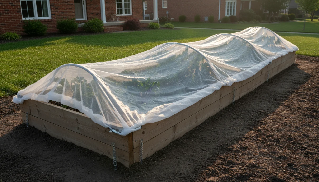 White floating row covers protecting a vegetable garden bed from insects