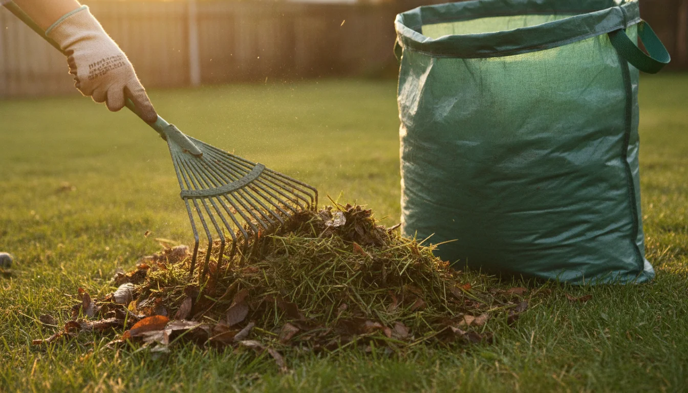 Gloved hands bagging damp grass clippings and leaf litter from a lawn