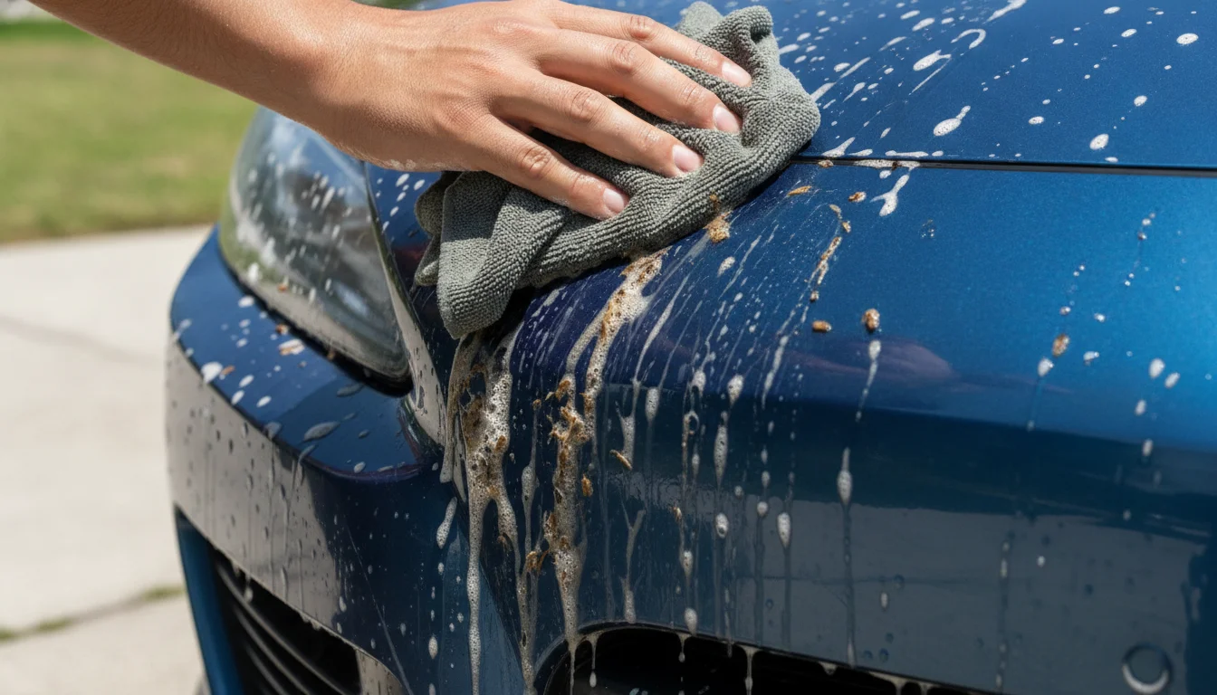 Hands wiping softened lovebug residue off a car bumper with a wet cloth