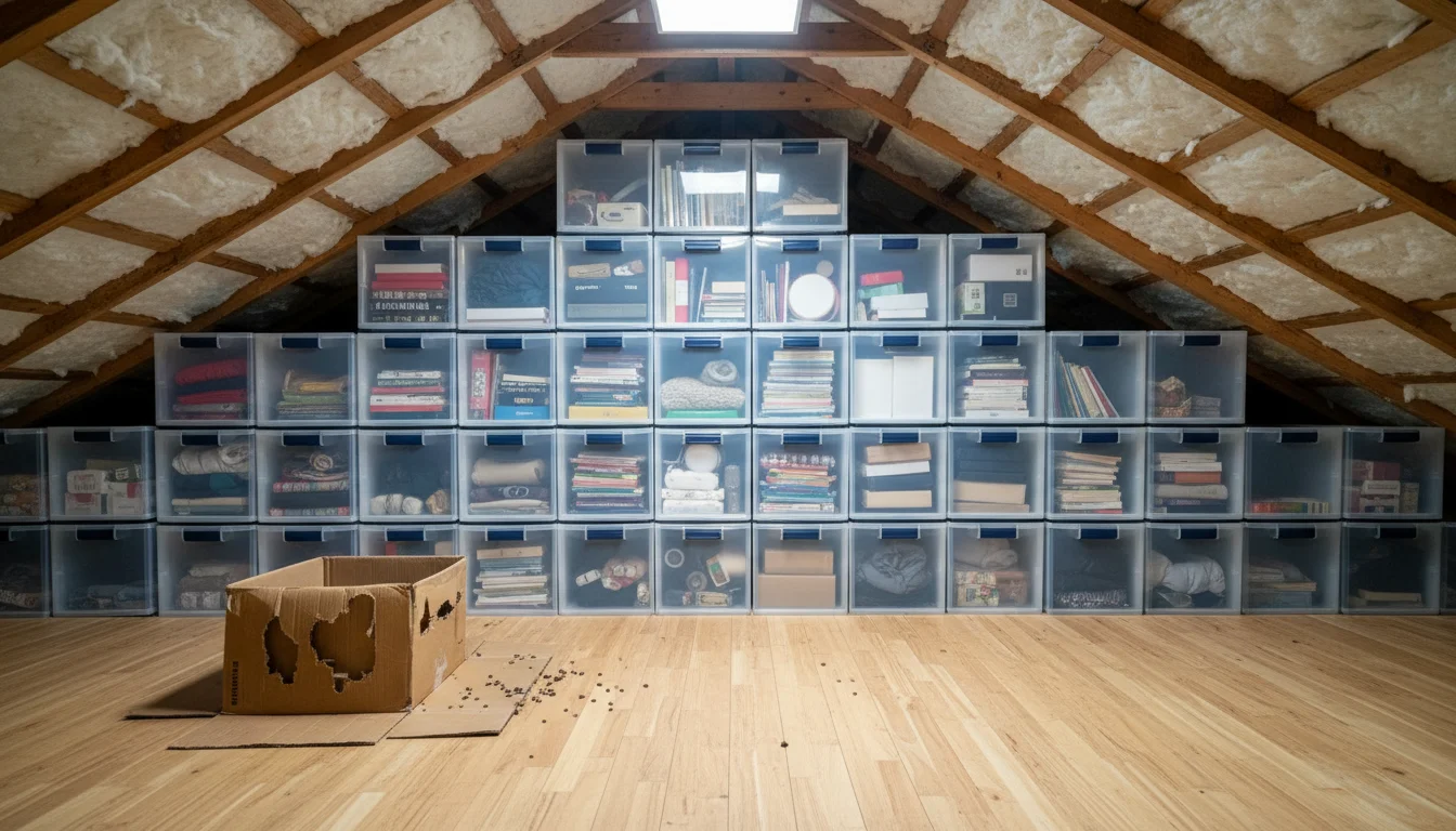 Organized attic with sealed plastic bins replacing cardboard boxes to deter mice