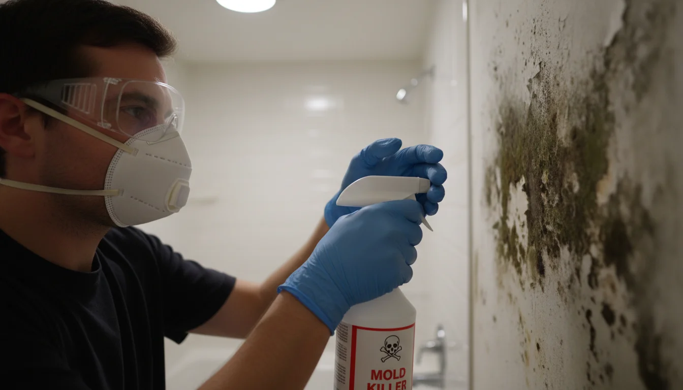 Person in N95 mask, goggles, and gloves preparing to clean mold on a wall