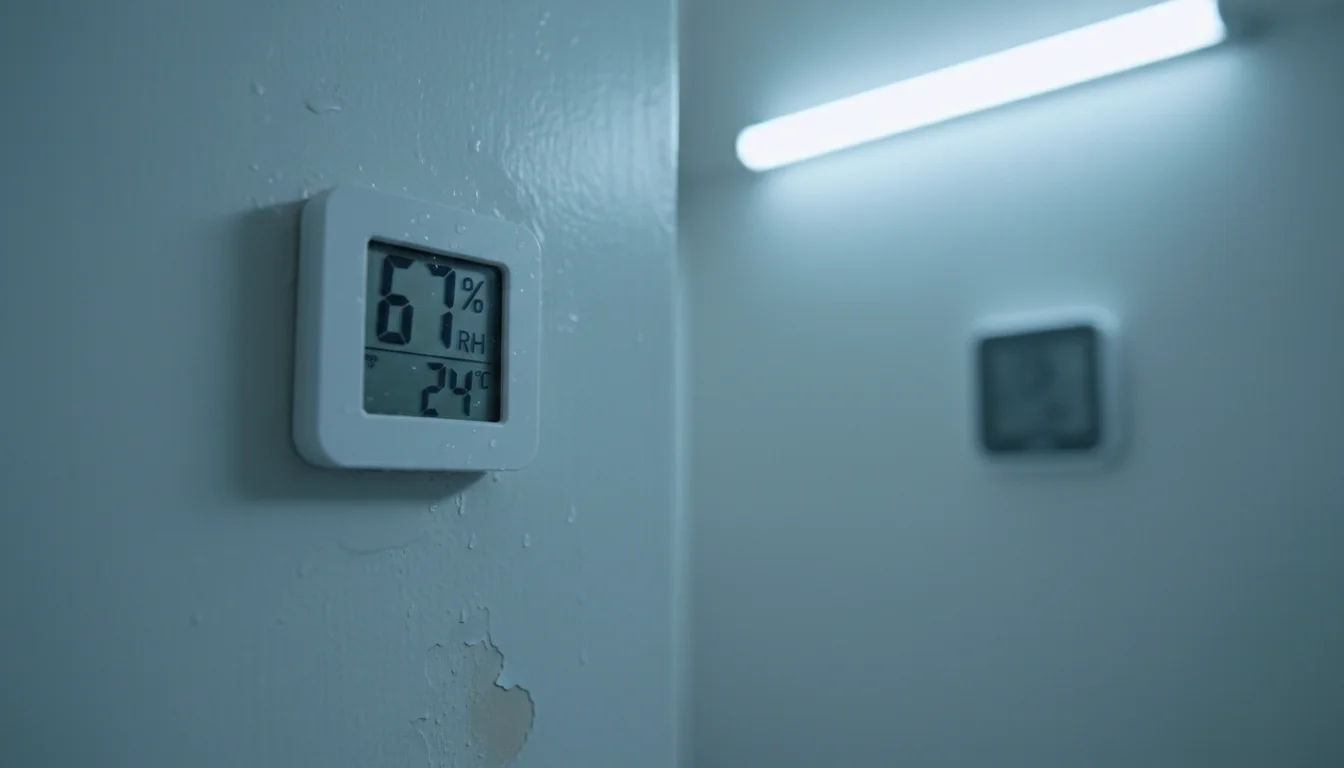 Digital hygrometer on a wall showing high humidity reading