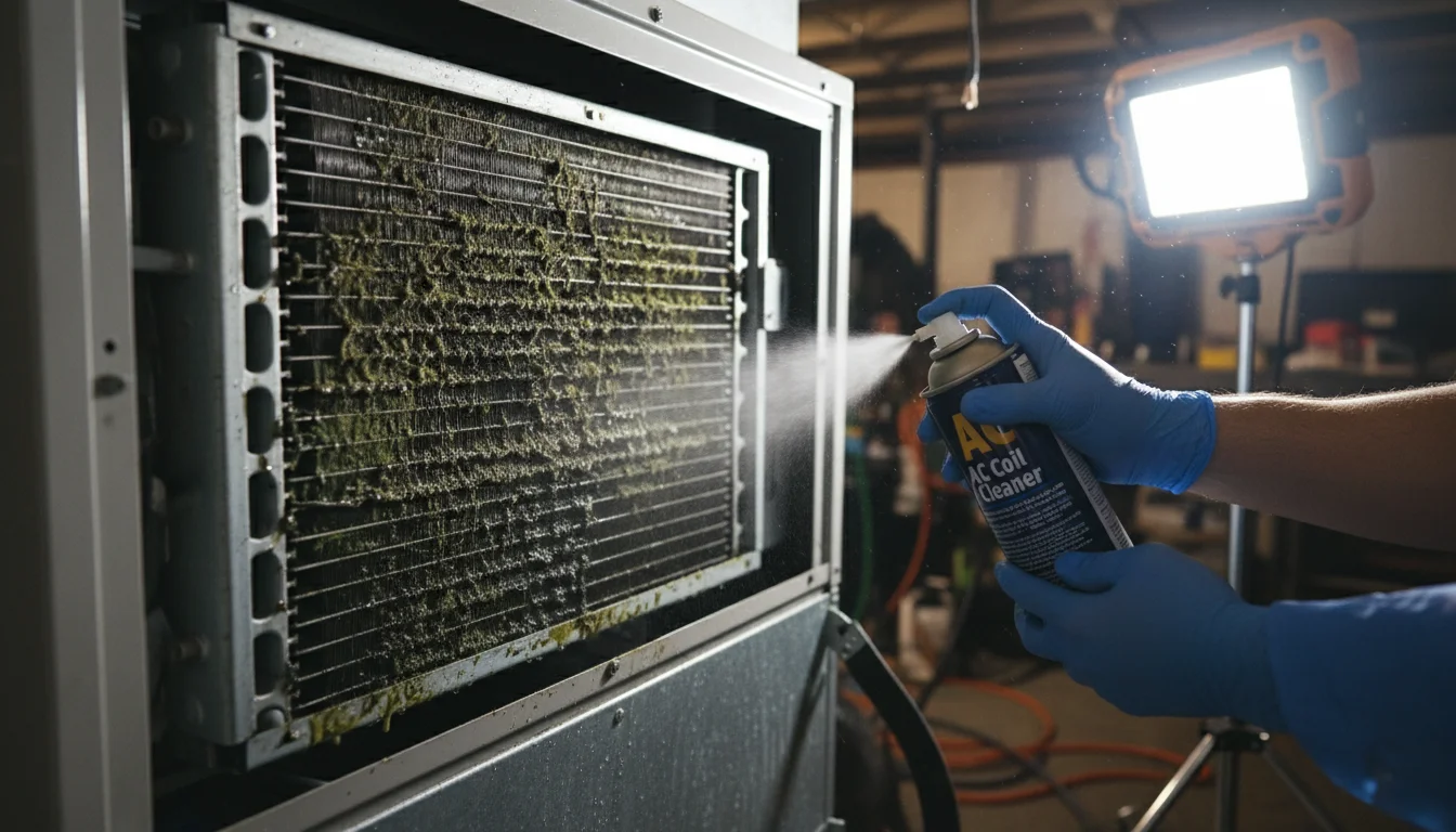 Mold and slime buildup on air conditioning evaporator coils during inspection