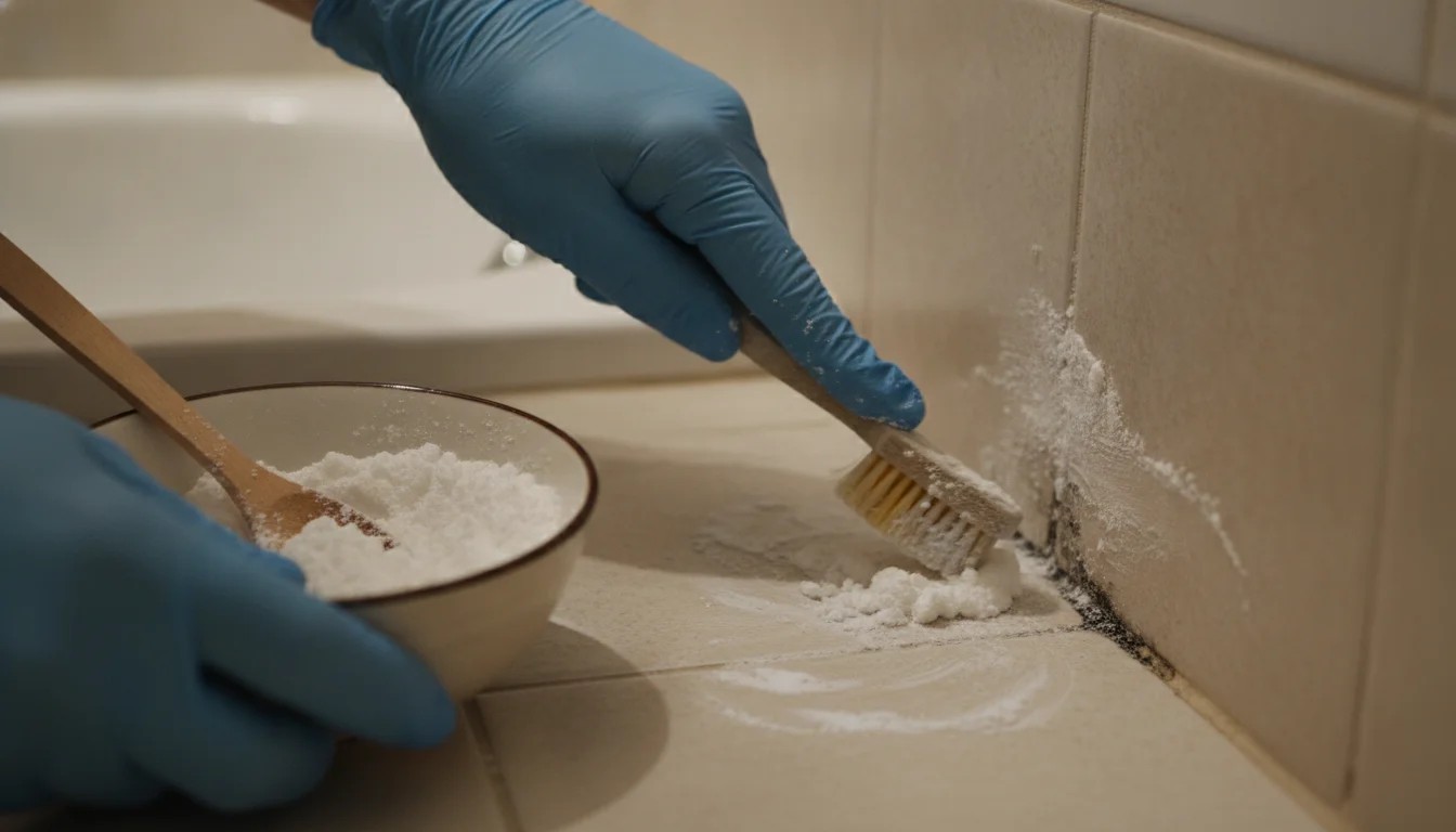 Gloved hands scrubbing baking soda paste off moldy tile grout with a toothbrush