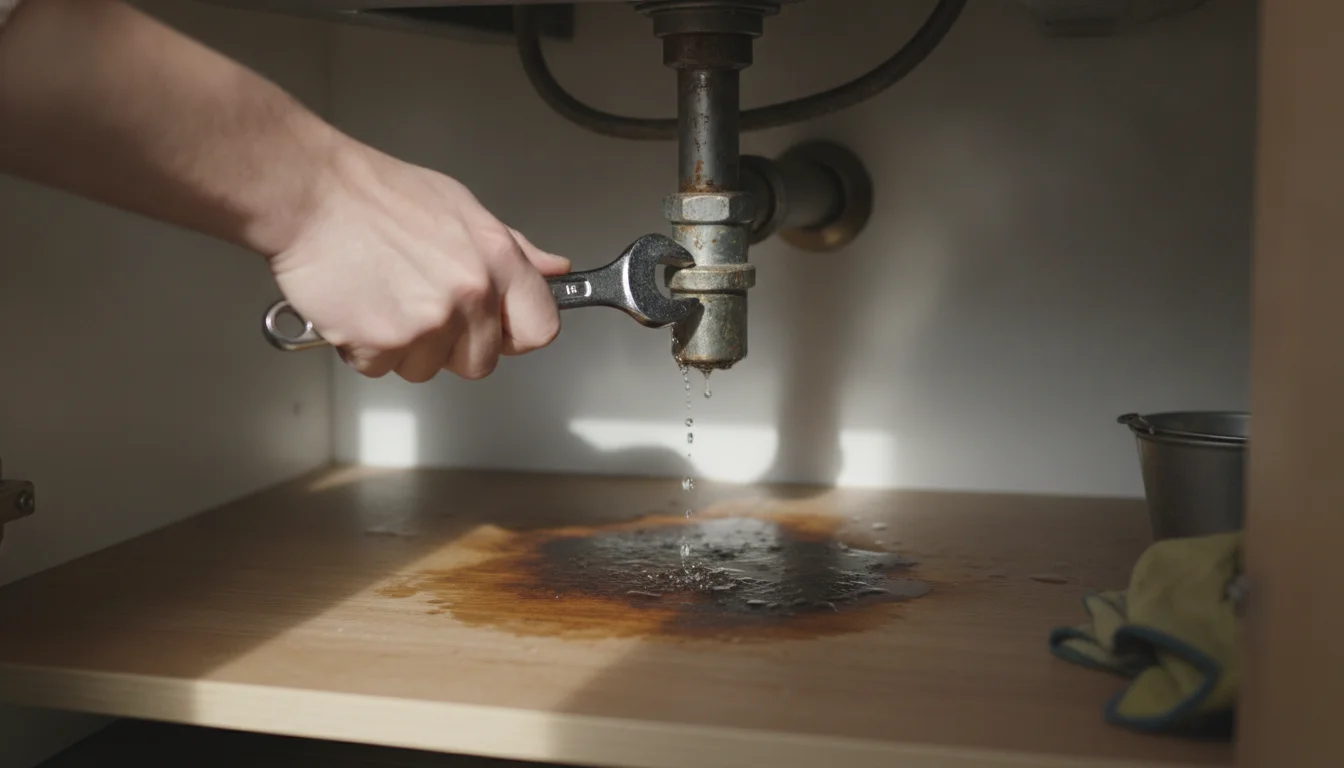 A hand tightening a leaking pipe joint under a sink above a damp stain