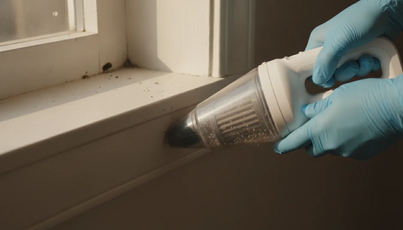 Gloved hands vacuuming a windowsill with a handheld HEPA vacuum