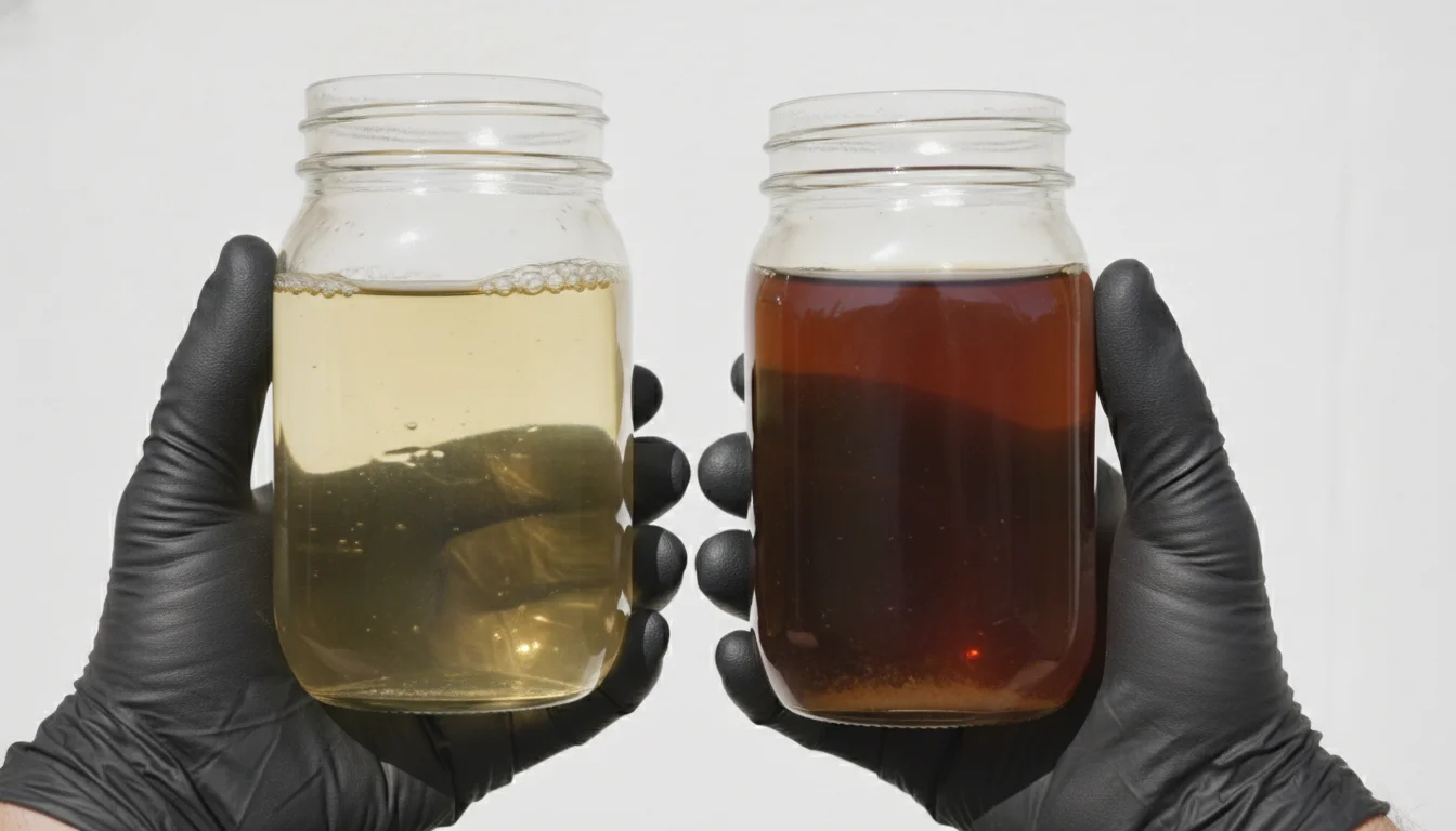 Gloved hands comparing a jar of pale fresh gasoline with a jar of darker old gasoline