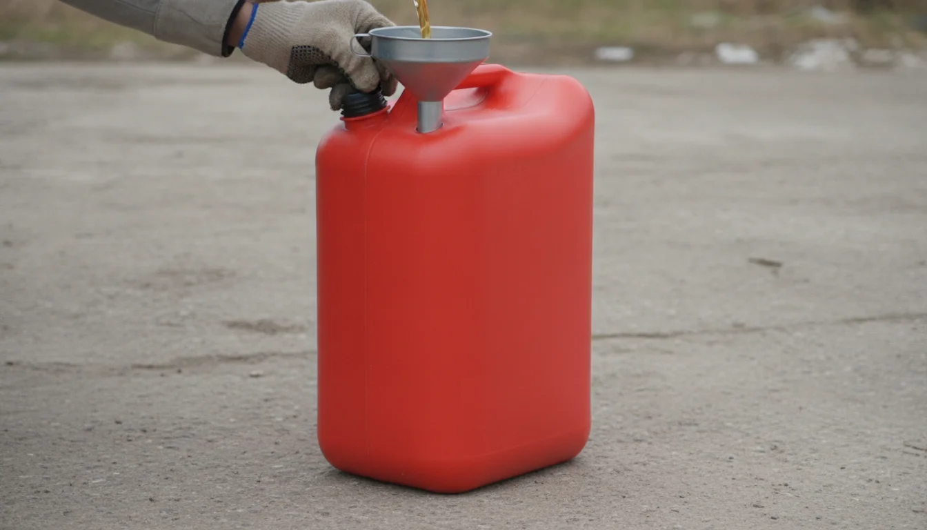 Gloved hands funnelling fuel into a plain red gas can on the ground outdoors