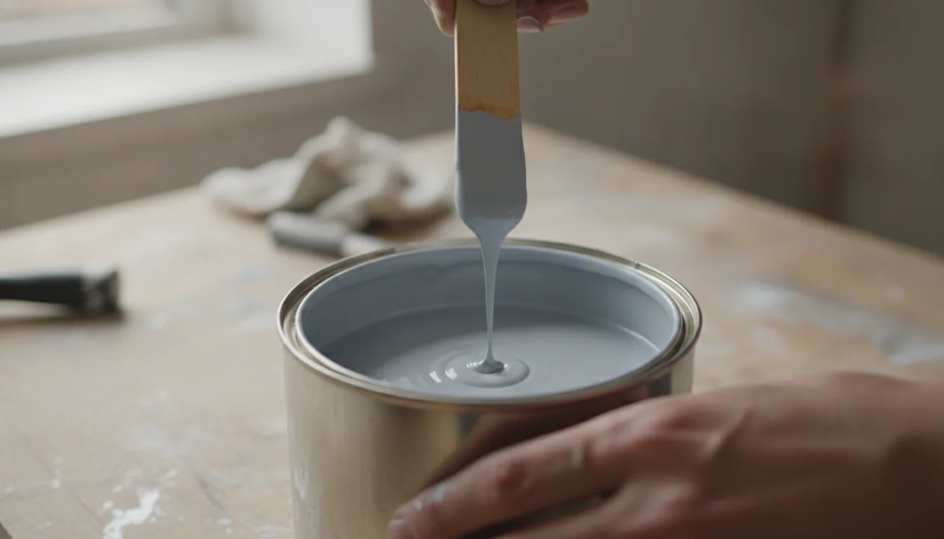 Hands stirring an open can of leftover paint to check it is still usable