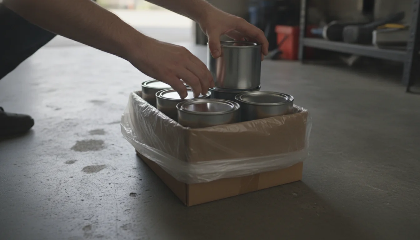Hands loading sealed paint cans upright into a lined box for a hazardous waste drop-off