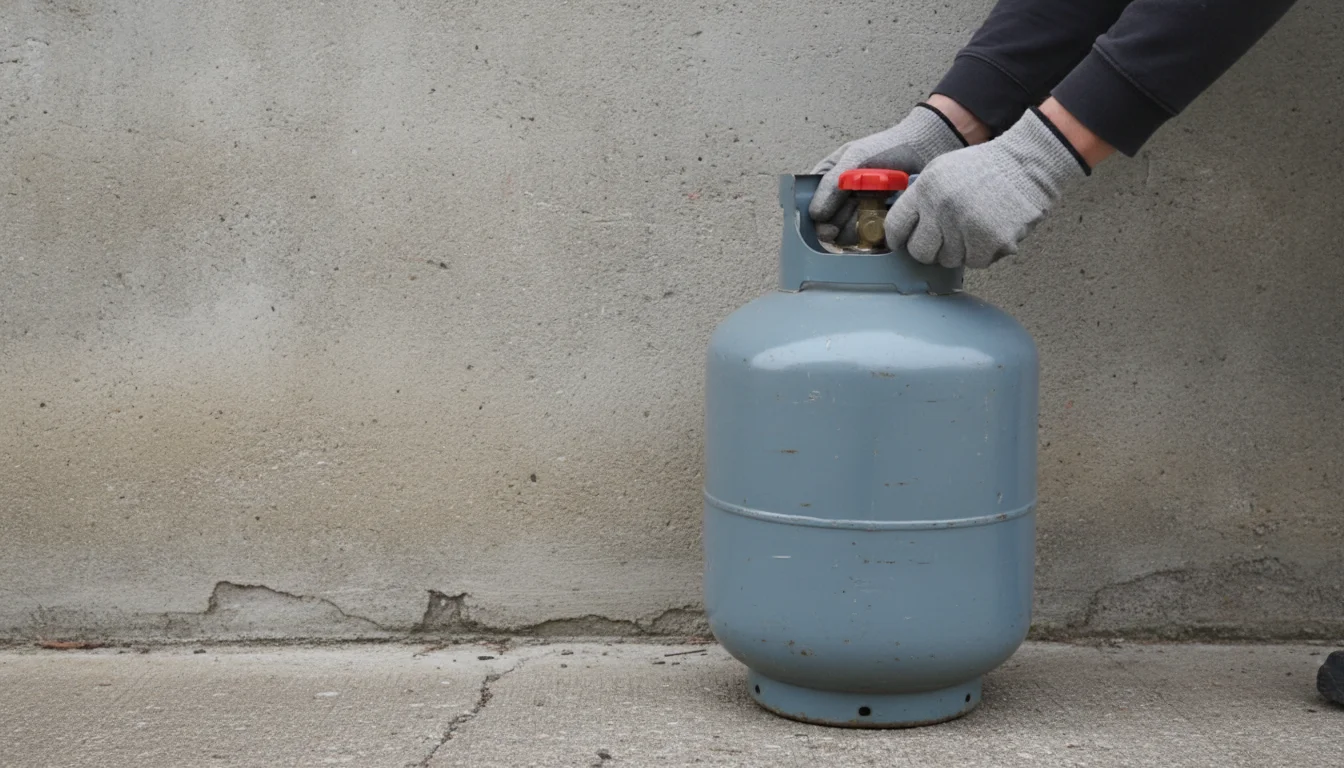 Gloved hands standing a propane tank upright outdoors with the valve capped
