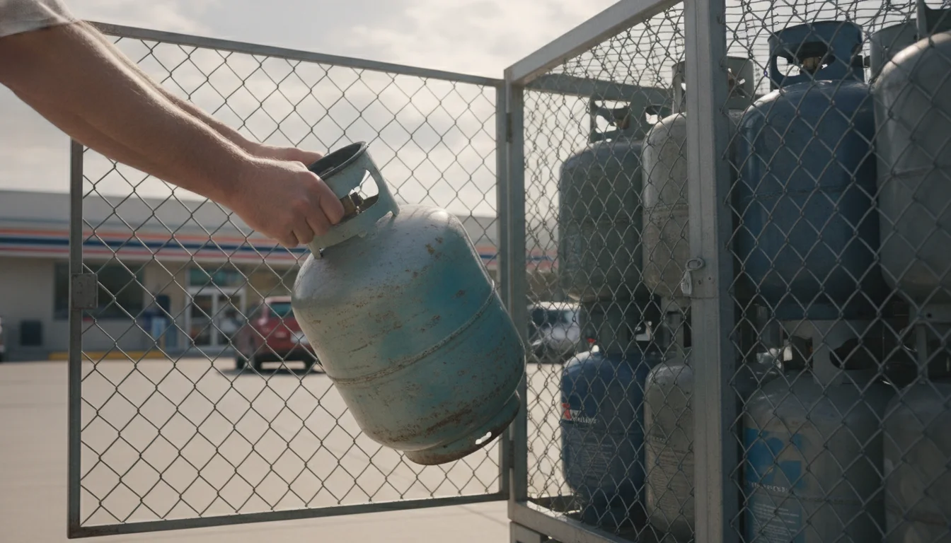 Hands placing a propane tank into a metal exchange cage outside a store