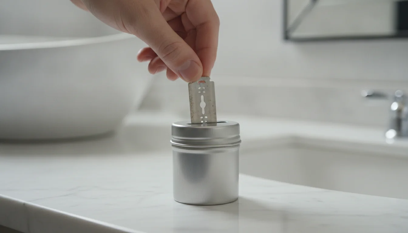 A hand dropping a used double-edge blade through the slot of a metal blade bank tin