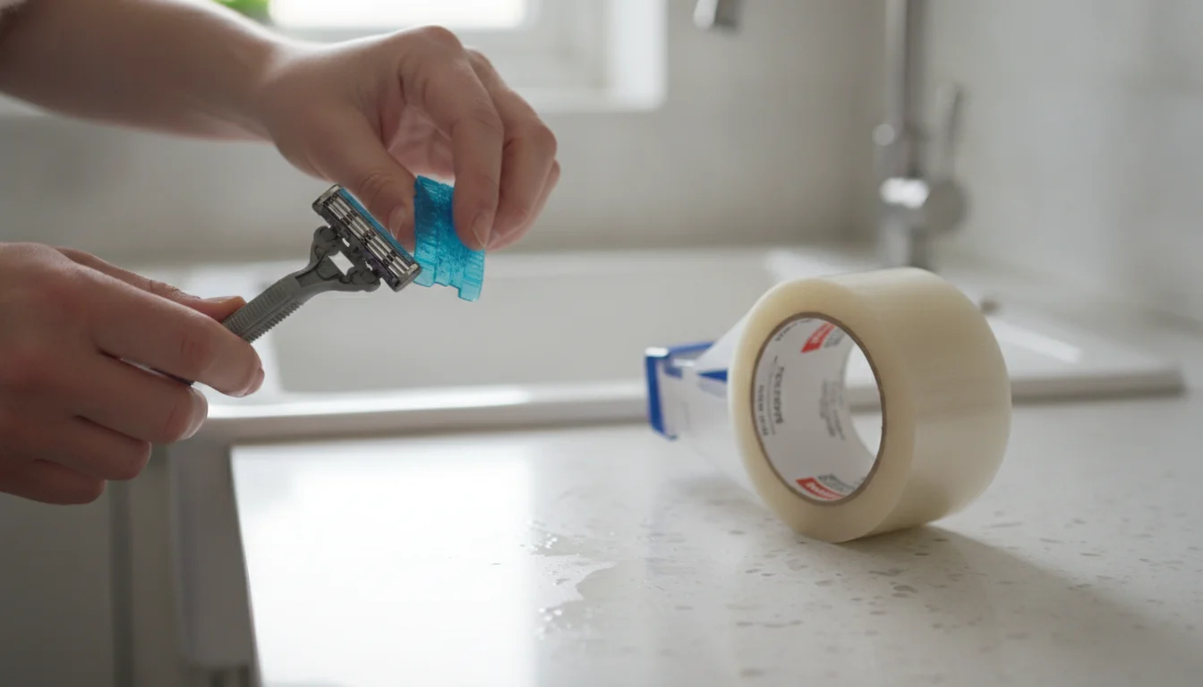 Hands clipping the plastic guard back over the blades of a used disposable razor cartridge