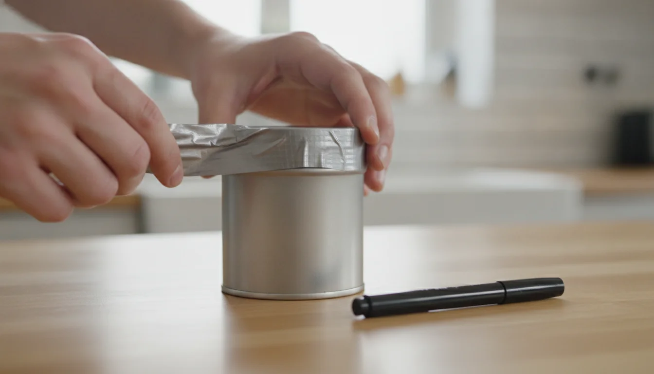 Hands taping the closed lid of a metal tin holding used razor blades, marker alongside