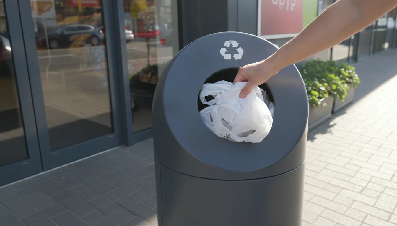 A hand placing thin plastic bags into a store film-recycling collection bin
