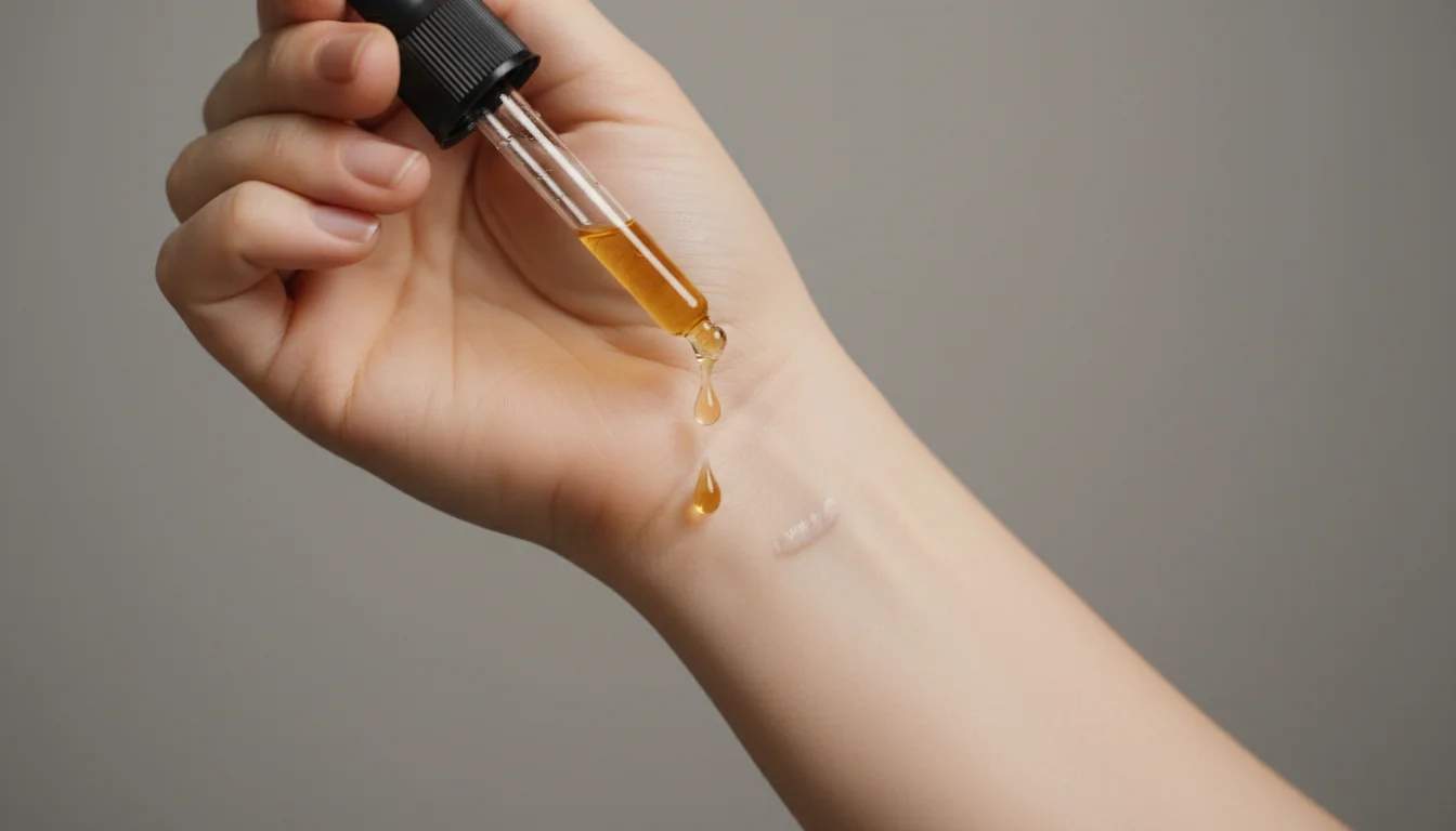 Hands applying rosehip oil from a dropper bottle onto a scar on the forearm