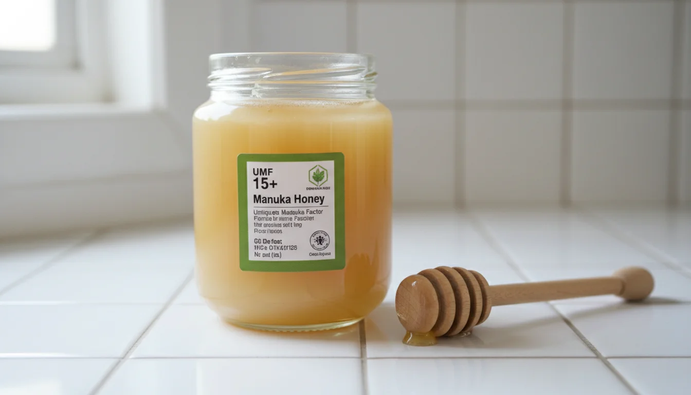 Jar of Manuka honey with UMF label and honey dipper on a white tile surface