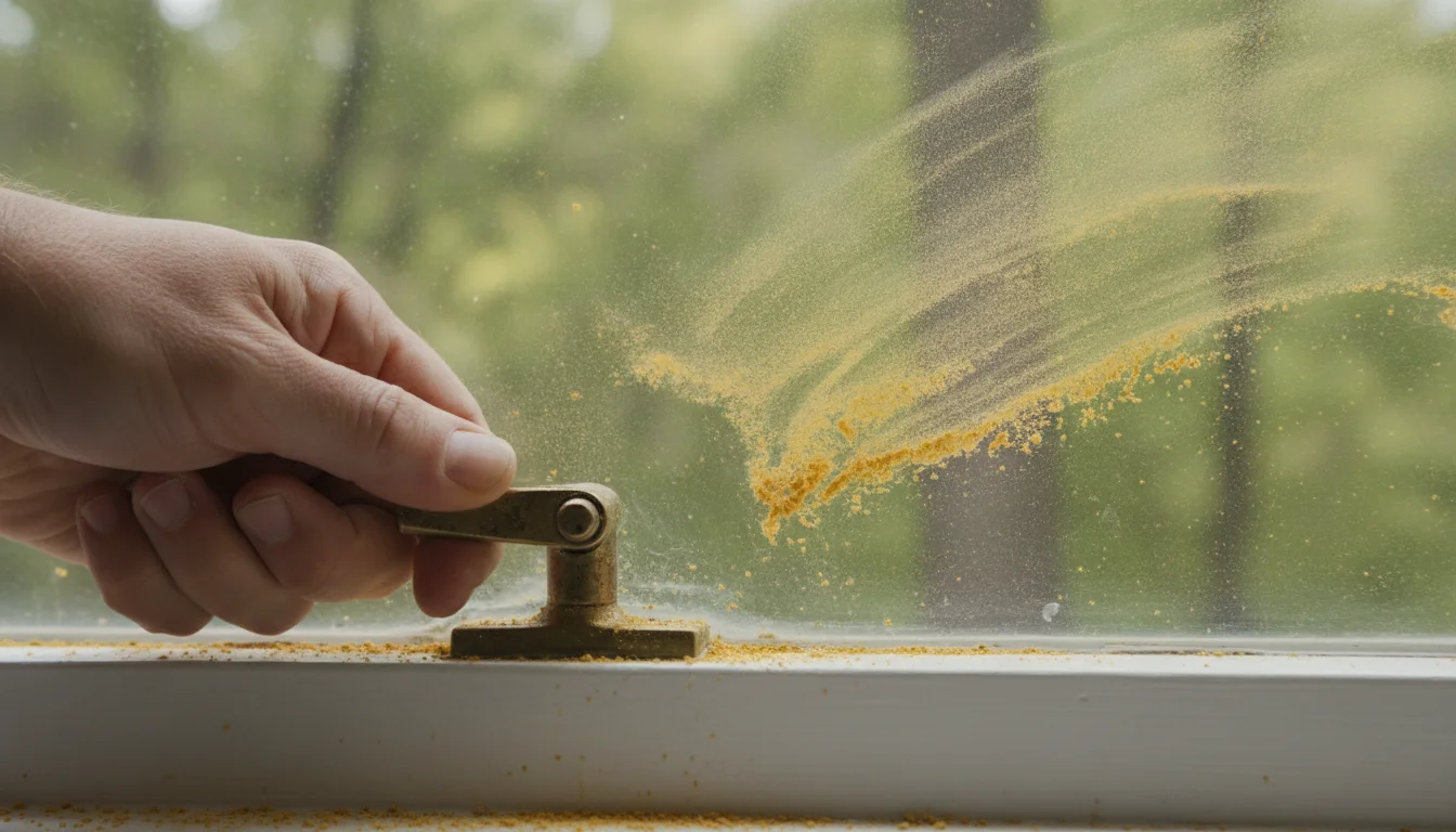 A hand closing a window against pollen collecting on the glass