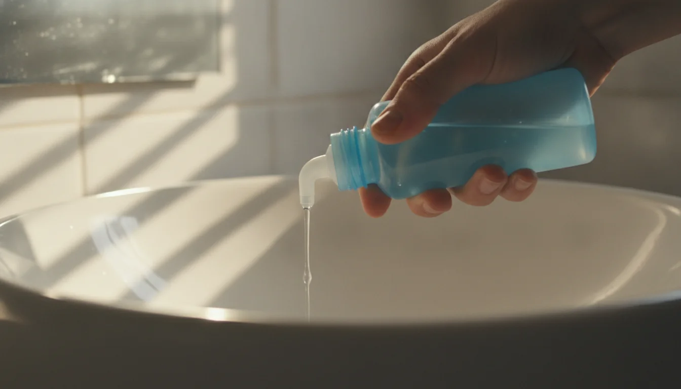 A hand holding a saline nasal rinse bottle over a bathroom sink