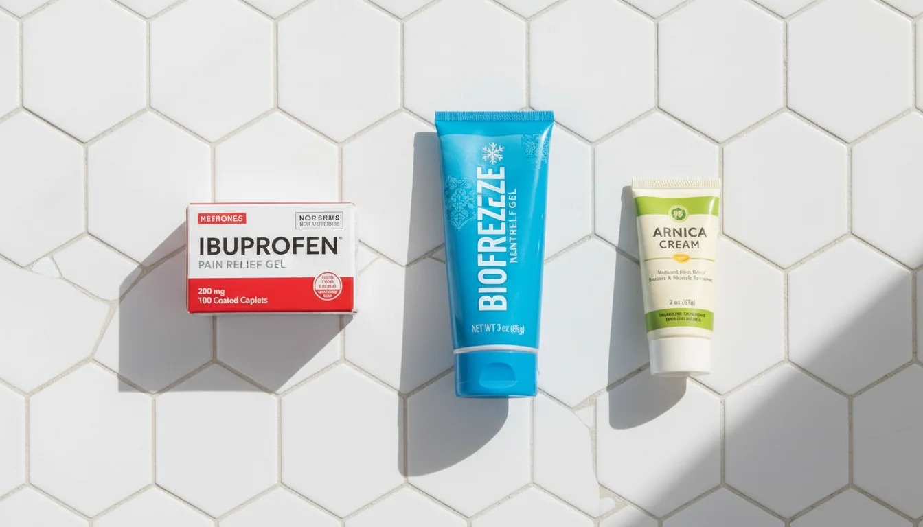 Three over-the-counter shoulder pain relief products on a bathroom counter - ibuprofen, Biofreeze gel, and arnica cream