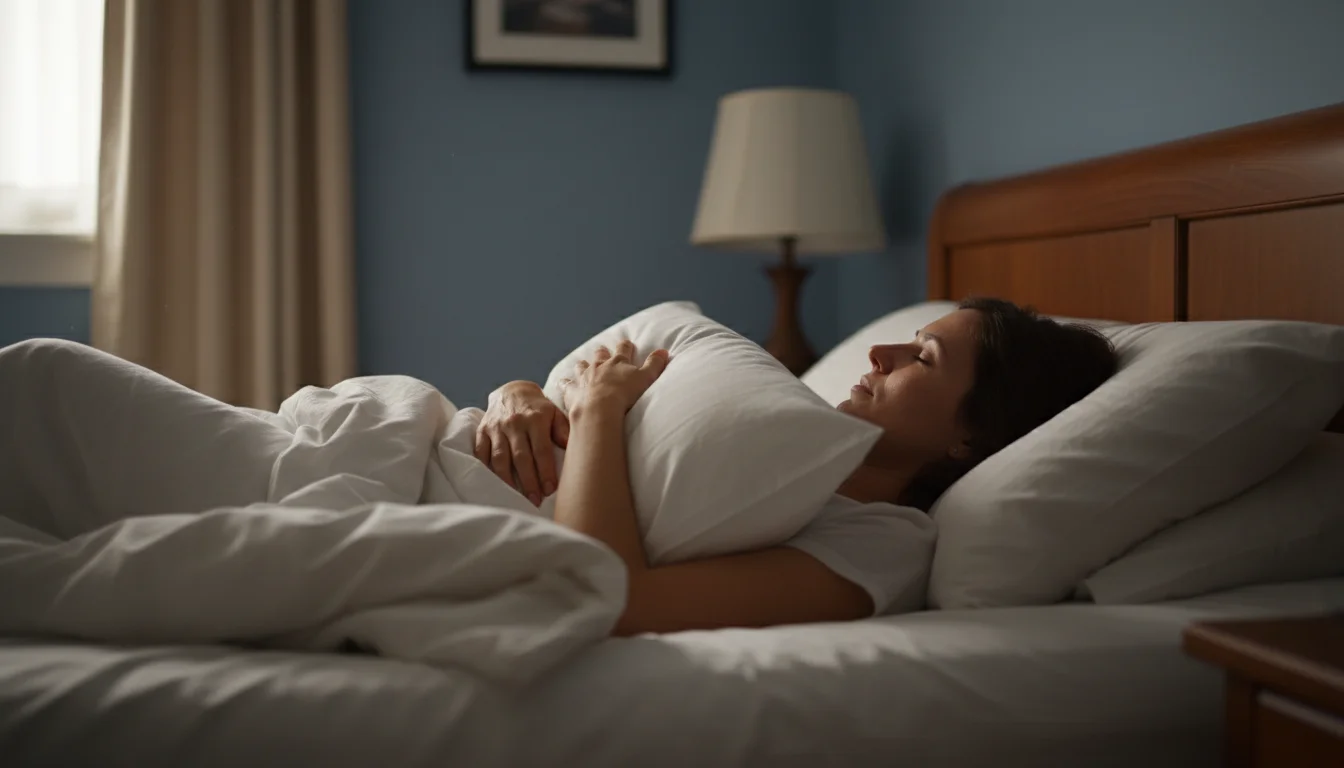 Person lying on their back in a neutral sleep position with a thin pillow supporting the head and neck