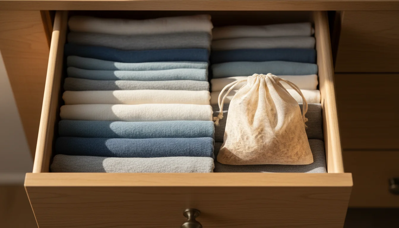 Open dresser drawer with folded clothes and a muslin bag of cedar shavings tucked in the corner