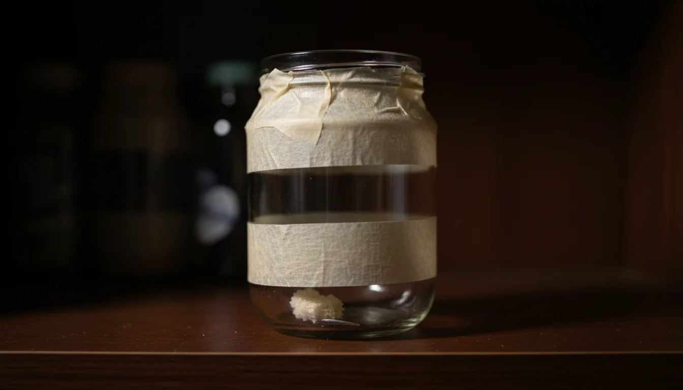 Homemade silverfish jar trap with masking tape on the outside and bread bait inside, silverfish visible inside the glass