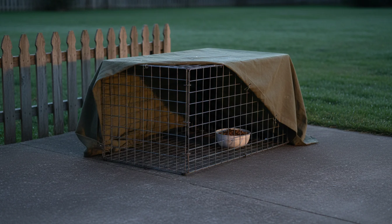 Wire cage live trap with cat food bait inside, partially covered with a canvas tarp, positioned near a fence at dusk