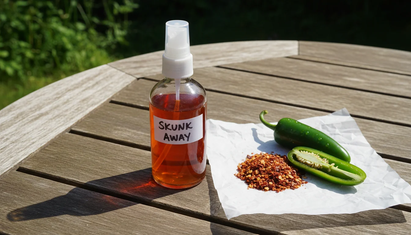 Components of a homemade cayenne pepper skunk repellent spray on a garden table - spray bottle, crushed cayenne, and jalapeño