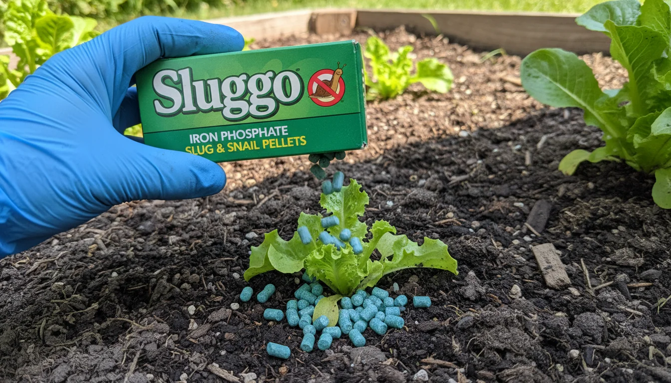 Hand scattering Sluggo iron phosphate bait pellets around lettuce seedlings in a raised vegetable bed