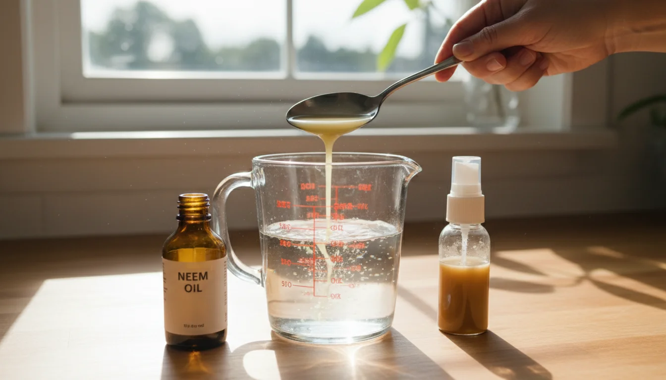 Neem oil spray being mixed in a kitchen - measuring jug, neem oil bottle, and spray bottle on counter