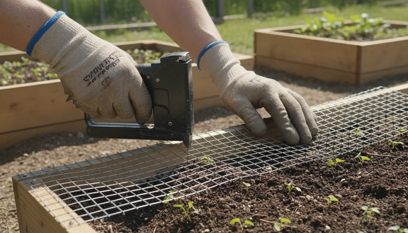 gloved hands attaching hardware cloth mesh to a wooden frame over a garden bed