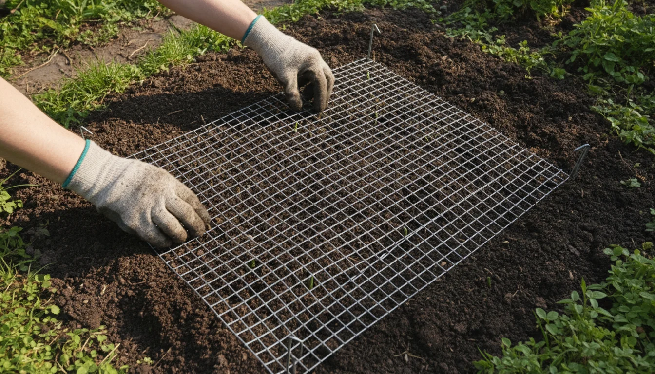 gloved hands laying wire mesh over a freshly planted bulb bed
