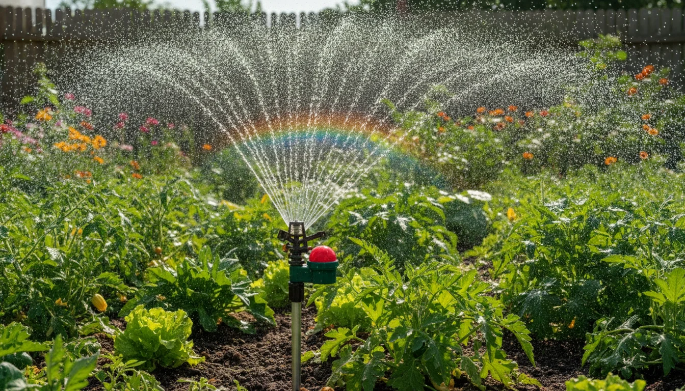 motion-activated sprinkler spraying water across a vegetable bed