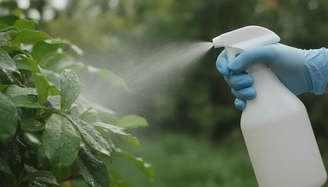 gloved hands spraying deterrent from an unmarked bottle onto garden foliage