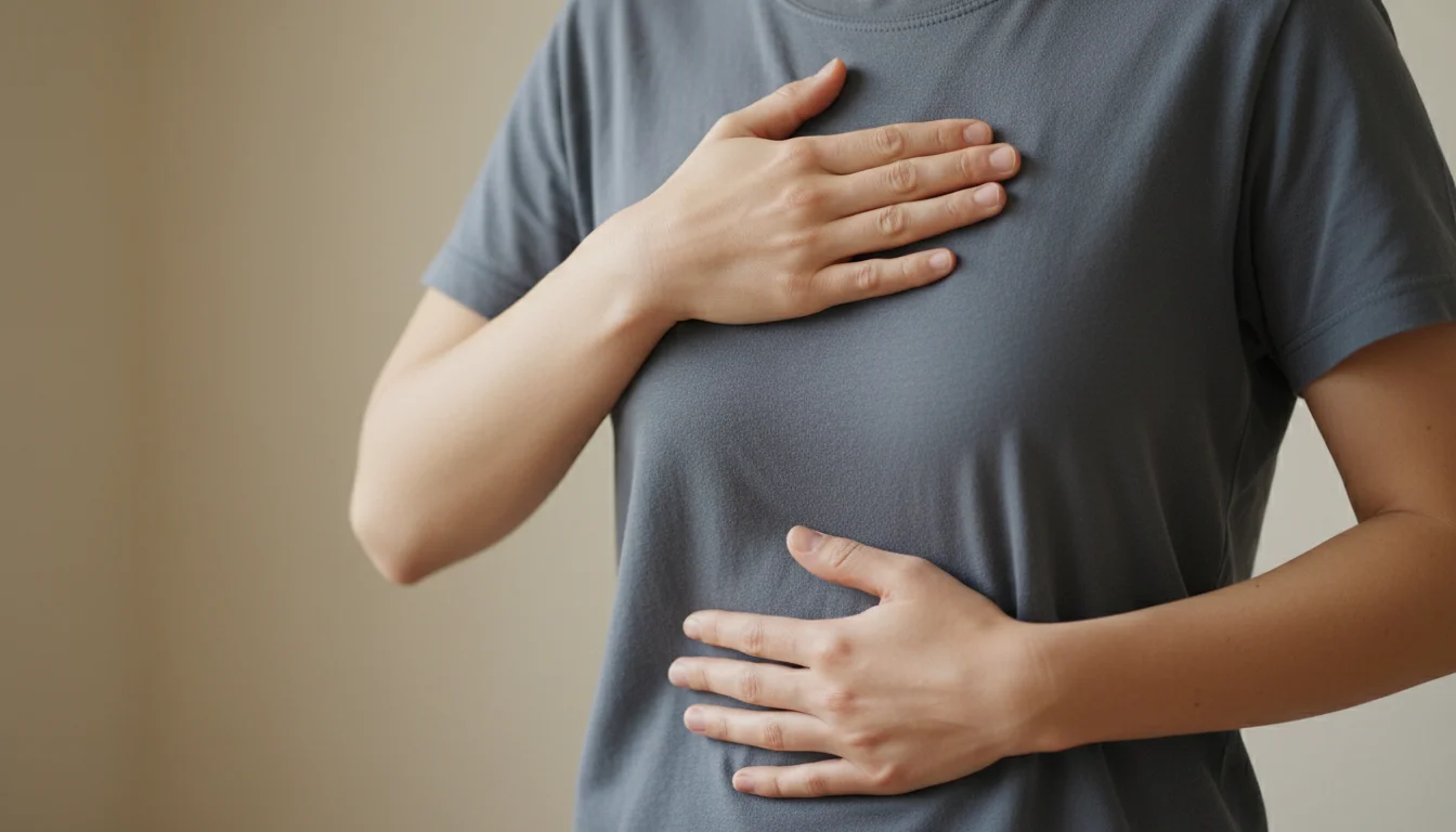 Hands positioned on chest and stomach demonstrating proper deep belly breathing technique